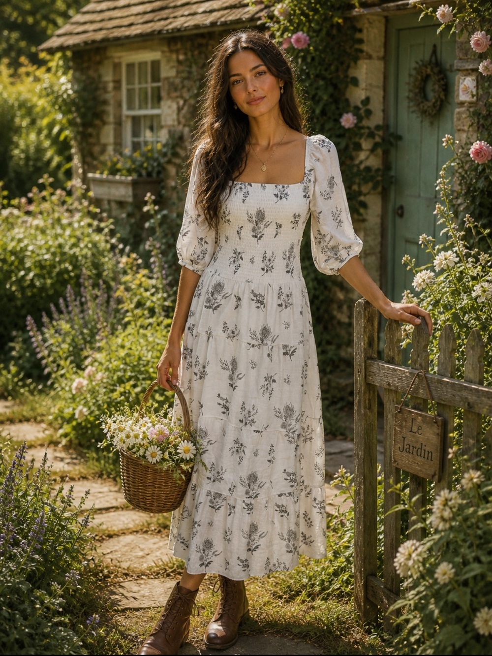 J Gee Tiered Smocked White & Black Puff Sleeve Maxi Dress Milkmaid Cottagecore